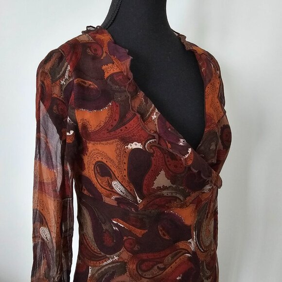 Women's Paisley Print Ruffled V-Neck Long Sleeve Below the knee Dress, Size M/L - Picture 7 of 13